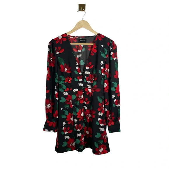 NWOT Urban Outfitters Michelle Plunging Floral Mini Dress Black/Red/Green Size S - Picture 6 of 17